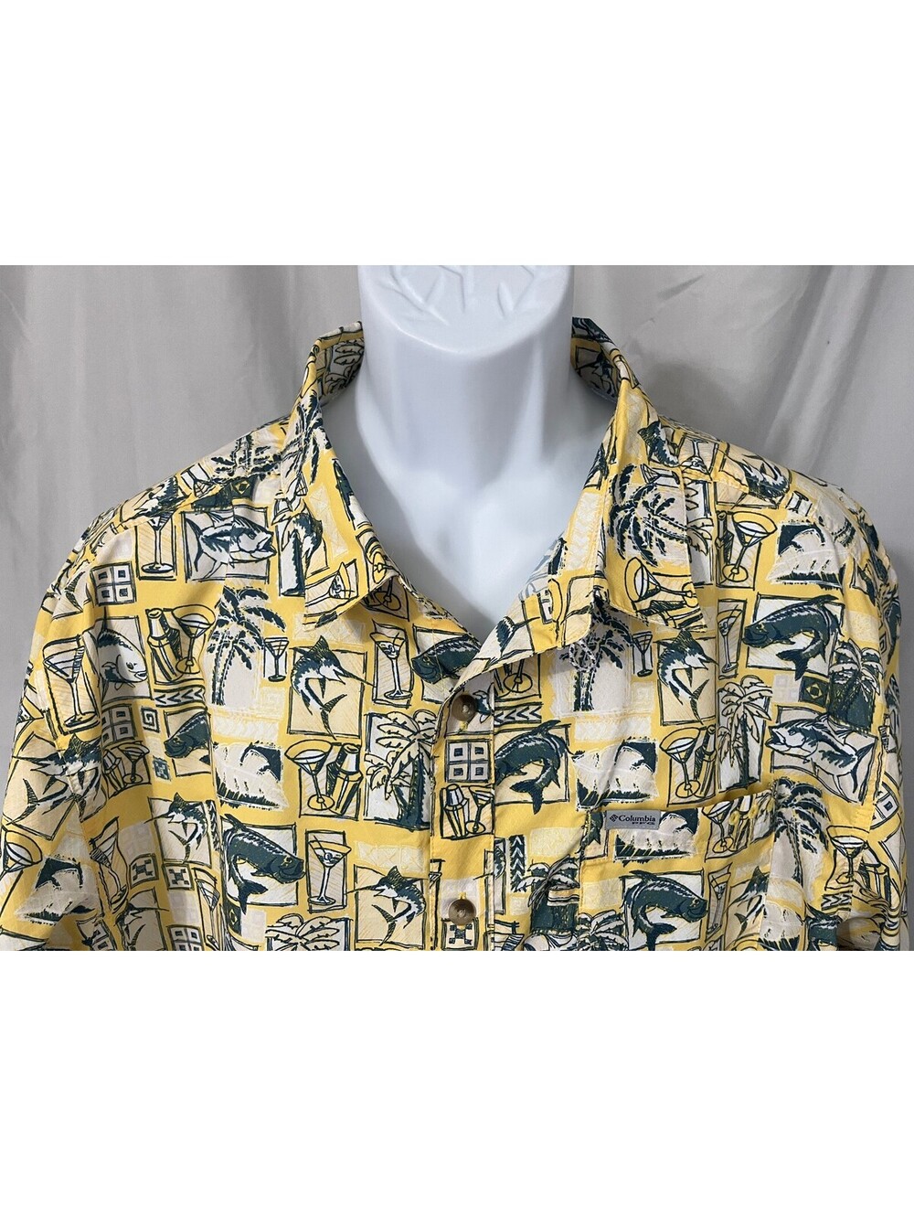 Columbia PFG Men's Yellow White Green Vented Short Sleeve Shirt XL Mint Cond